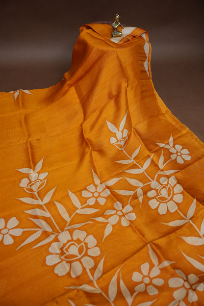 Pure Mulberry Silk Saree in Mustard Yellow with Floral Batik Print | Silk Mark Certified