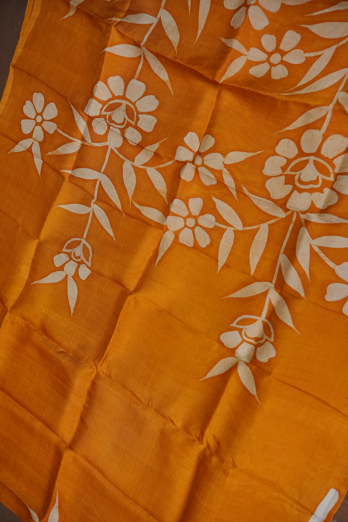Pure Mulberry Silk Saree in Mustard Yellow with Floral Batik Print | Silk Mark Certified