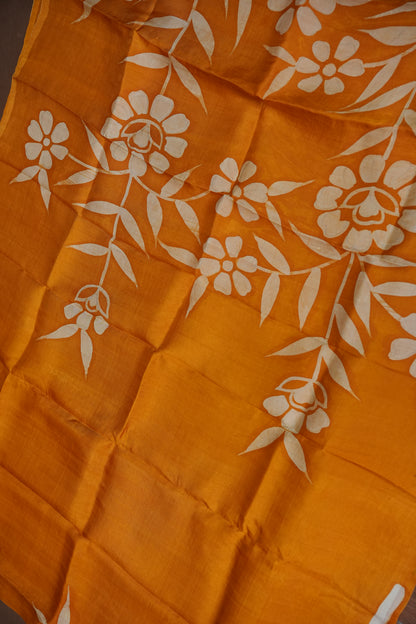 Pure Mulberry Silk Saree in Mustard Yellow with Floral Batik Print | Silk Mark Certified