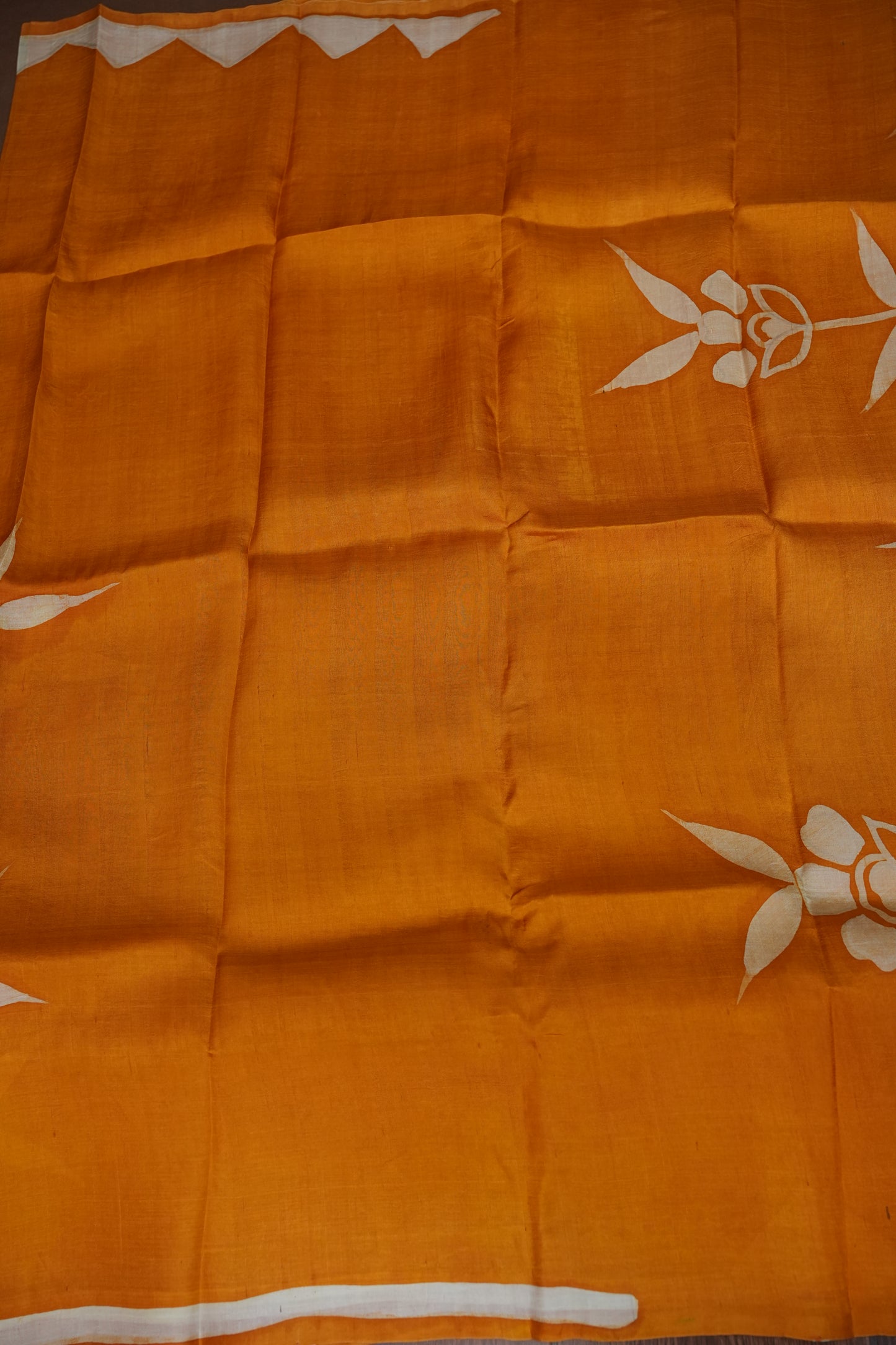 Pure Mulberry Silk Saree in Mustard Yellow with Floral Batik Print | Silk Mark Certified
