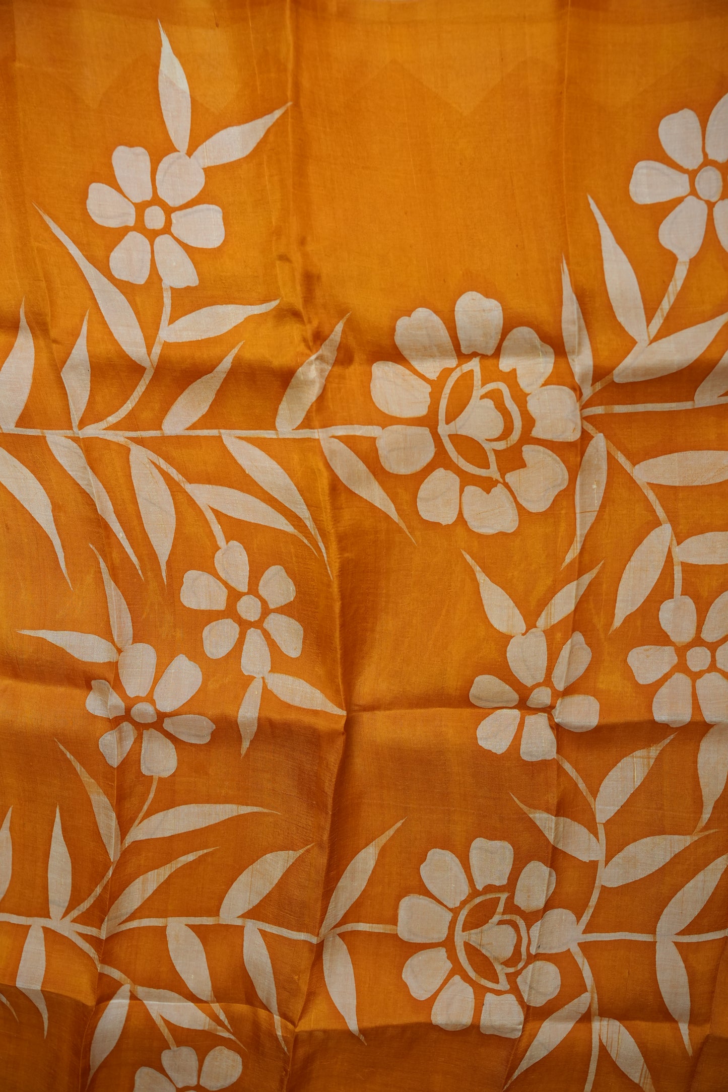 Pure Mulberry Silk Saree in Mustard Yellow with Floral Batik Print | Silk Mark Certified