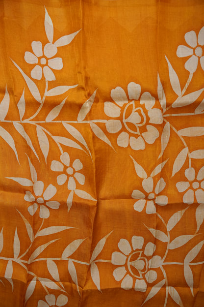 Pure Mulberry Silk Saree in Mustard Yellow with Floral Batik Print | Silk Mark Certified