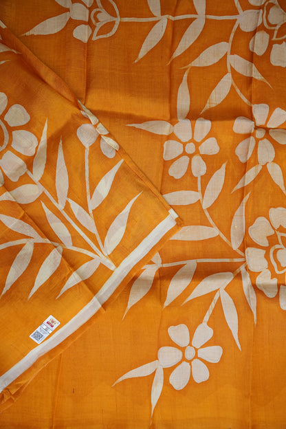 Pure Mulberry Silk Saree in Mustard Yellow with Floral Batik Print | Silk Mark Certified