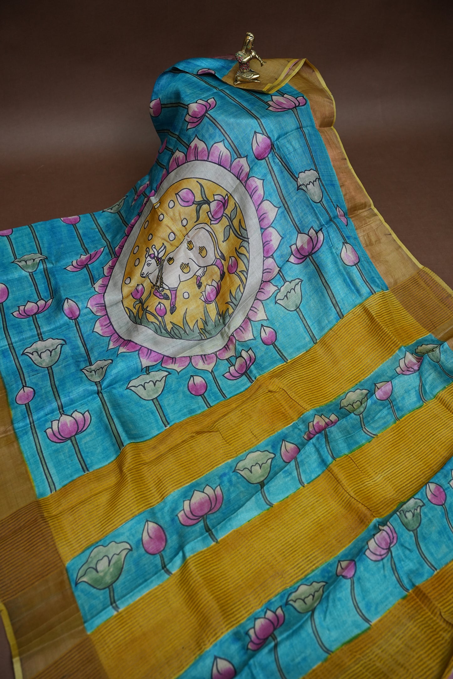 Pure Tussar Silk Saree in Rose Pink with Hand Painted Pen Kalamkari Pichwai Art | Silk Mark Certified