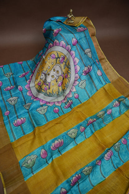 Pure Tussar Silk Saree in Rose Pink with Hand Painted Pen Kalamkari Pichwai Art | Silk Mark Certified