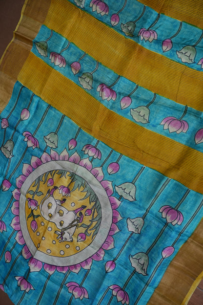 Pure Tussar Silk Saree in Rose Pink with Hand Painted Pen Kalamkari Pichwai Art | Silk Mark Certified