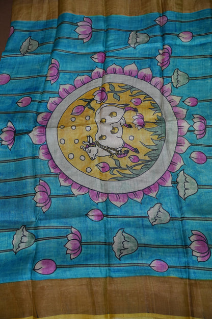 Pure Tussar Silk Saree in Rose Pink with Hand Painted Pen Kalamkari Pichwai Art | Silk Mark Certified