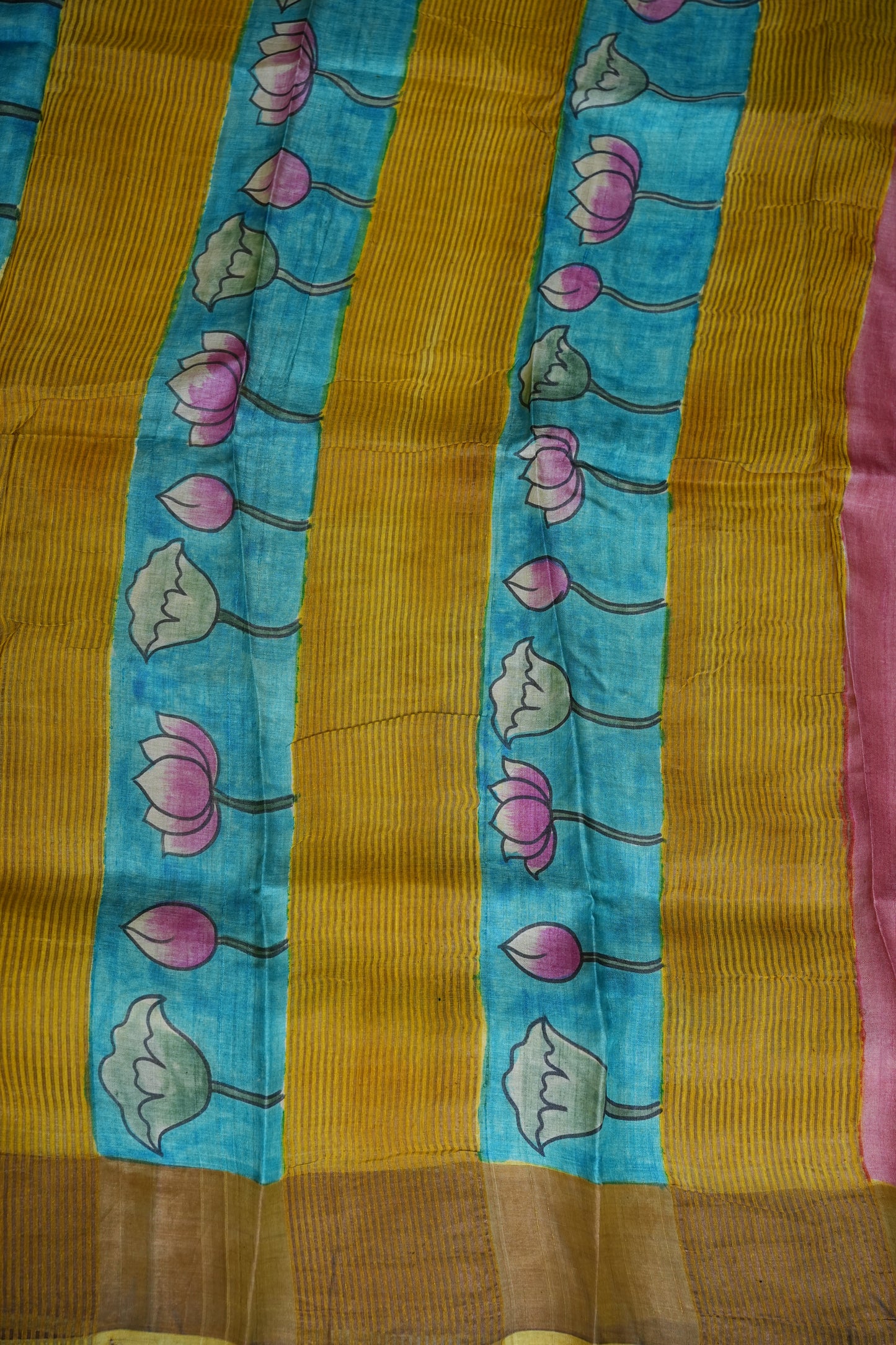 Pure Tussar Silk Saree in Rose Pink with Hand Painted Pen Kalamkari Pichwai Art | Silk Mark Certified