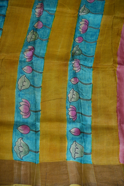 Pure Tussar Silk Saree in Rose Pink with Hand Painted Pen Kalamkari Pichwai Art | Silk Mark Certified