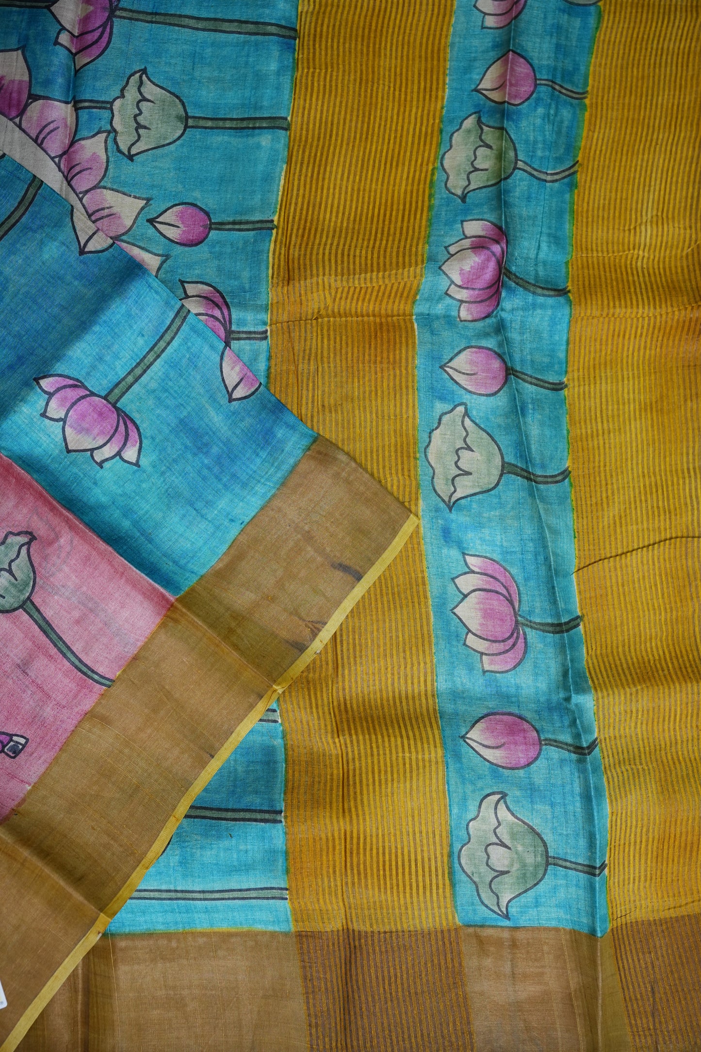 Pure Tussar Silk Saree in Rose Pink with Hand Painted Pen Kalamkari Pichwai Art | Silk Mark Certified