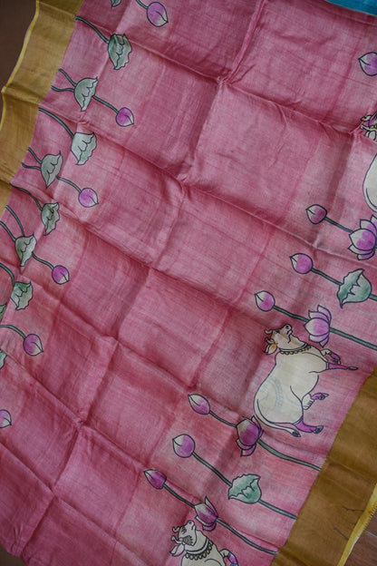 Pure Tussar Silk Saree in Rose Pink with Hand Painted Pen Kalamkari Pichwai Art | Silk Mark Certified