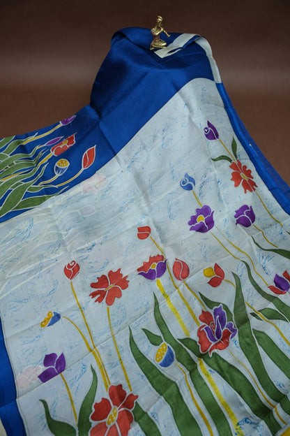 Pure Mulberry Silk Saree in Royal Blue with Floral Batik Print | Silk Mark Certified