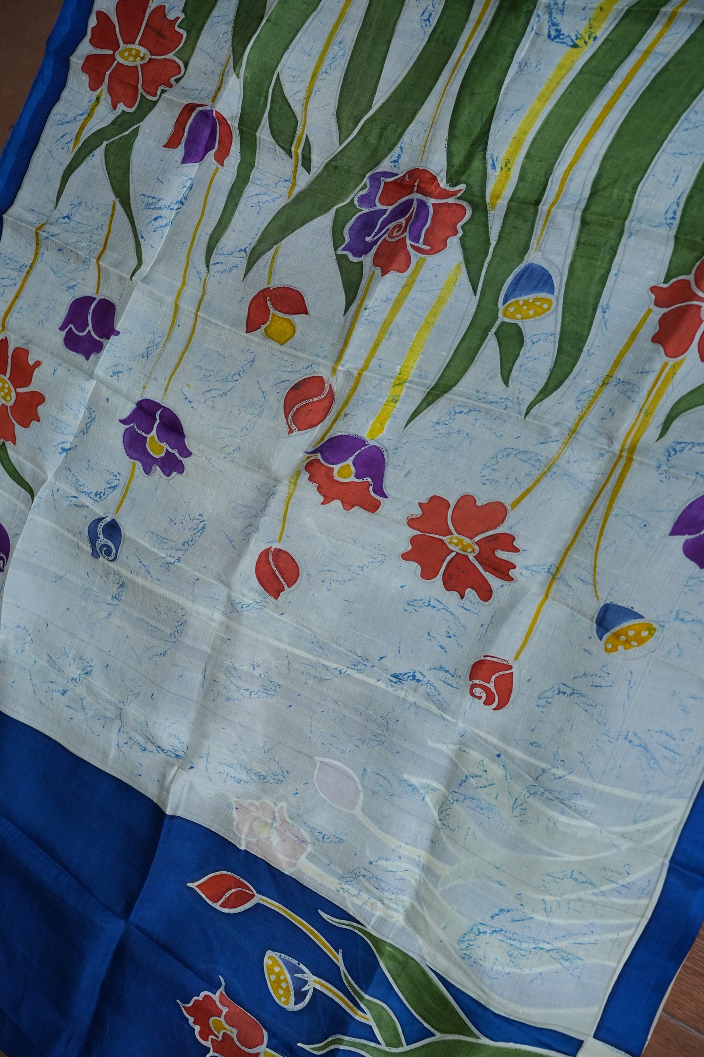 Pure Mulberry Silk Saree in Royal Blue with Floral Batik Print | Silk Mark Certified