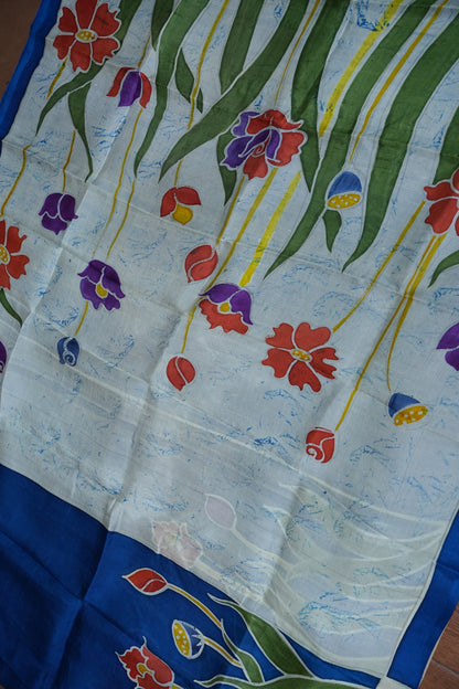 Pure Mulberry Silk Saree in Royal Blue with Floral Batik Print | Silk Mark Certified