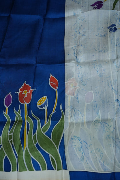Pure Mulberry Silk Saree in Royal Blue with Floral Batik Print | Silk Mark Certified
