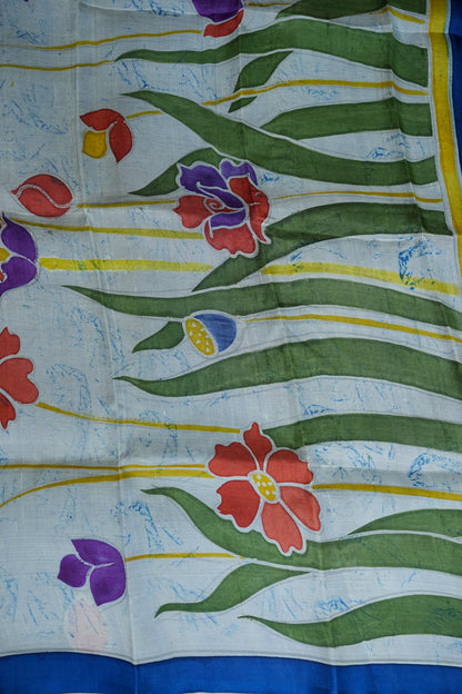 Pure Mulberry Silk Saree in Royal Blue with Floral Batik Print | Silk Mark Certified