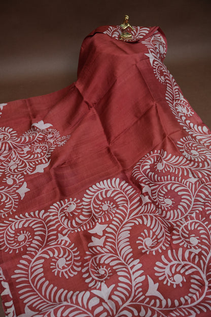 Pure Mulberry Silk Saree in Rust with Batik Print Border | Silk Mark Certified