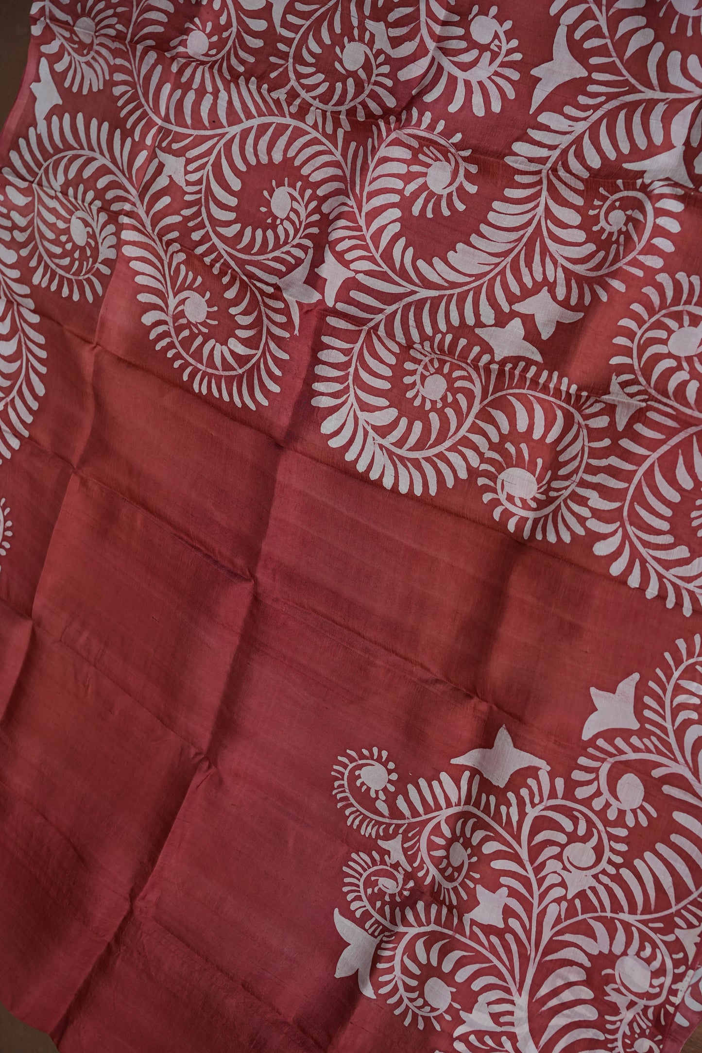 Pure Mulberry Silk Saree in Rust with Batik Print Border | Silk Mark Certified