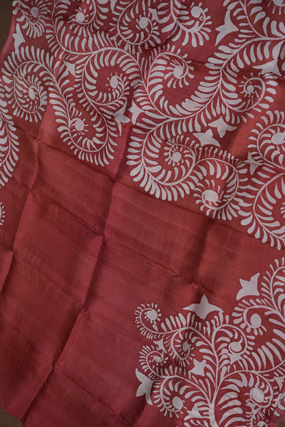 Pure Mulberry Silk Saree in Rust with Batik Print Border | Silk Mark Certified