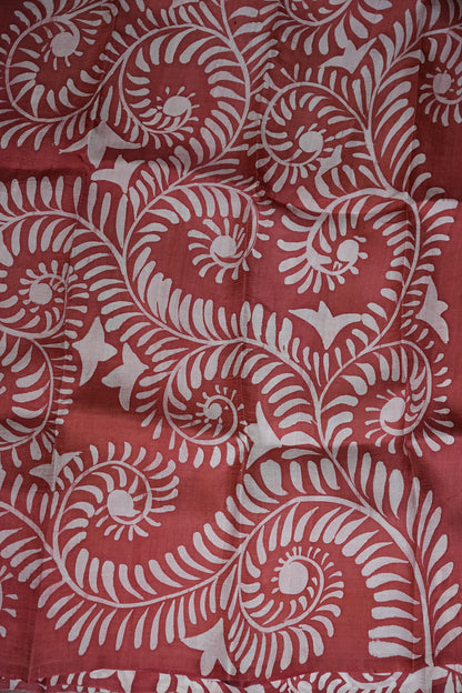 Pure Mulberry Silk Saree in Rust with Batik Print Border | Silk Mark Certified