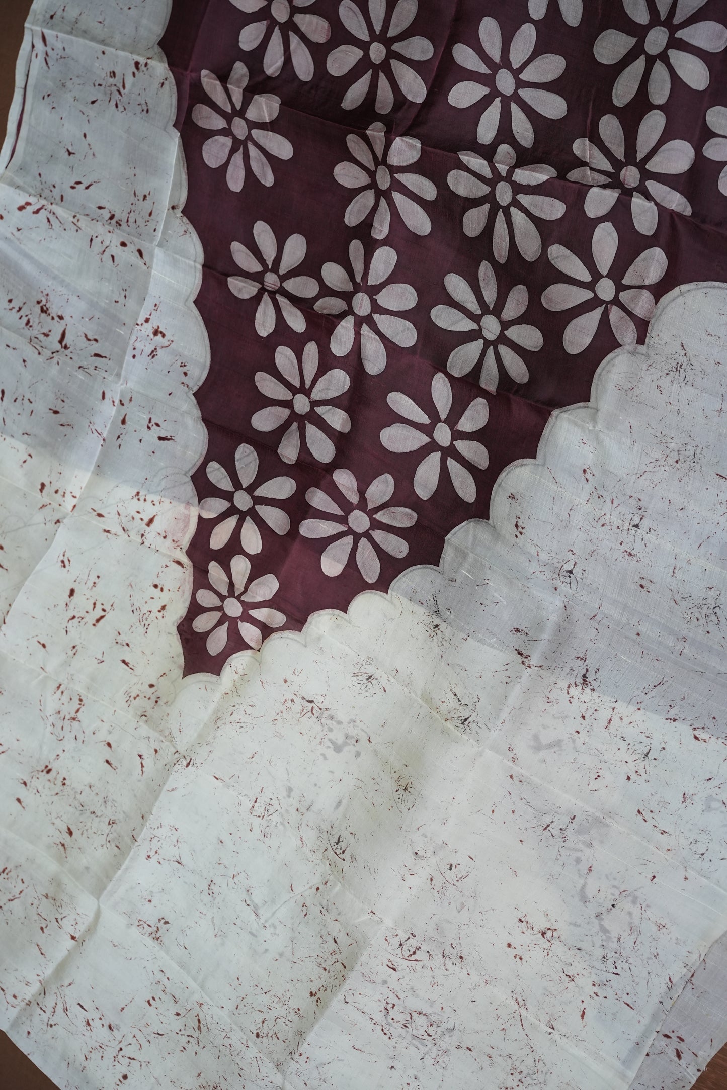 Pure Mulberry Silk Saree in Ivory with Batik Print & Maroon Pallu | Silk Mark Certified