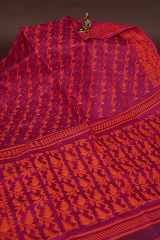 Handloom Jamdani Cotton Saree - Pink & Orange