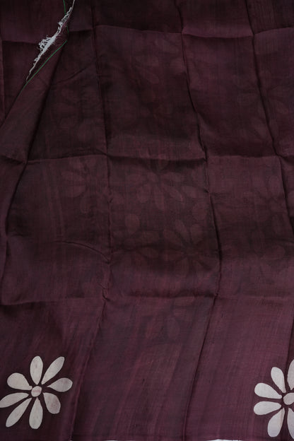 Pure Mulberry Silk Saree in Ivory with Batik Print & Maroon Pallu | Silk Mark Certified
