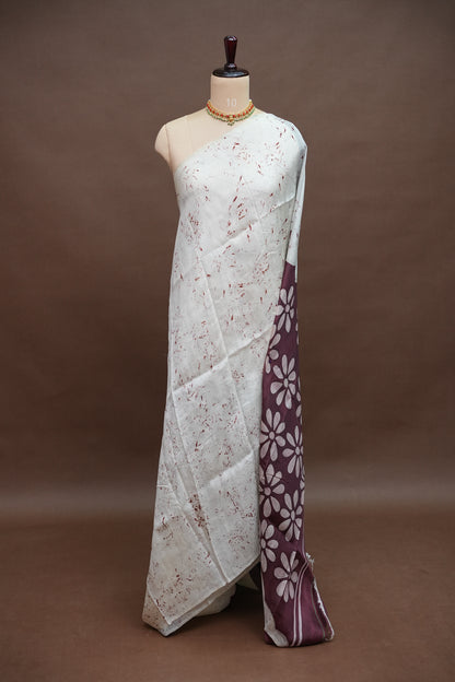 Pure Mulberry Silk Saree in Ivory with Batik Print & Maroon Pallu | Silk Mark Certified