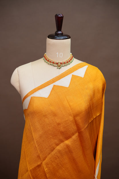 Pure Mulberry Silk Saree in Mustard Yellow with Floral Batik Print | Silk Mark Certified