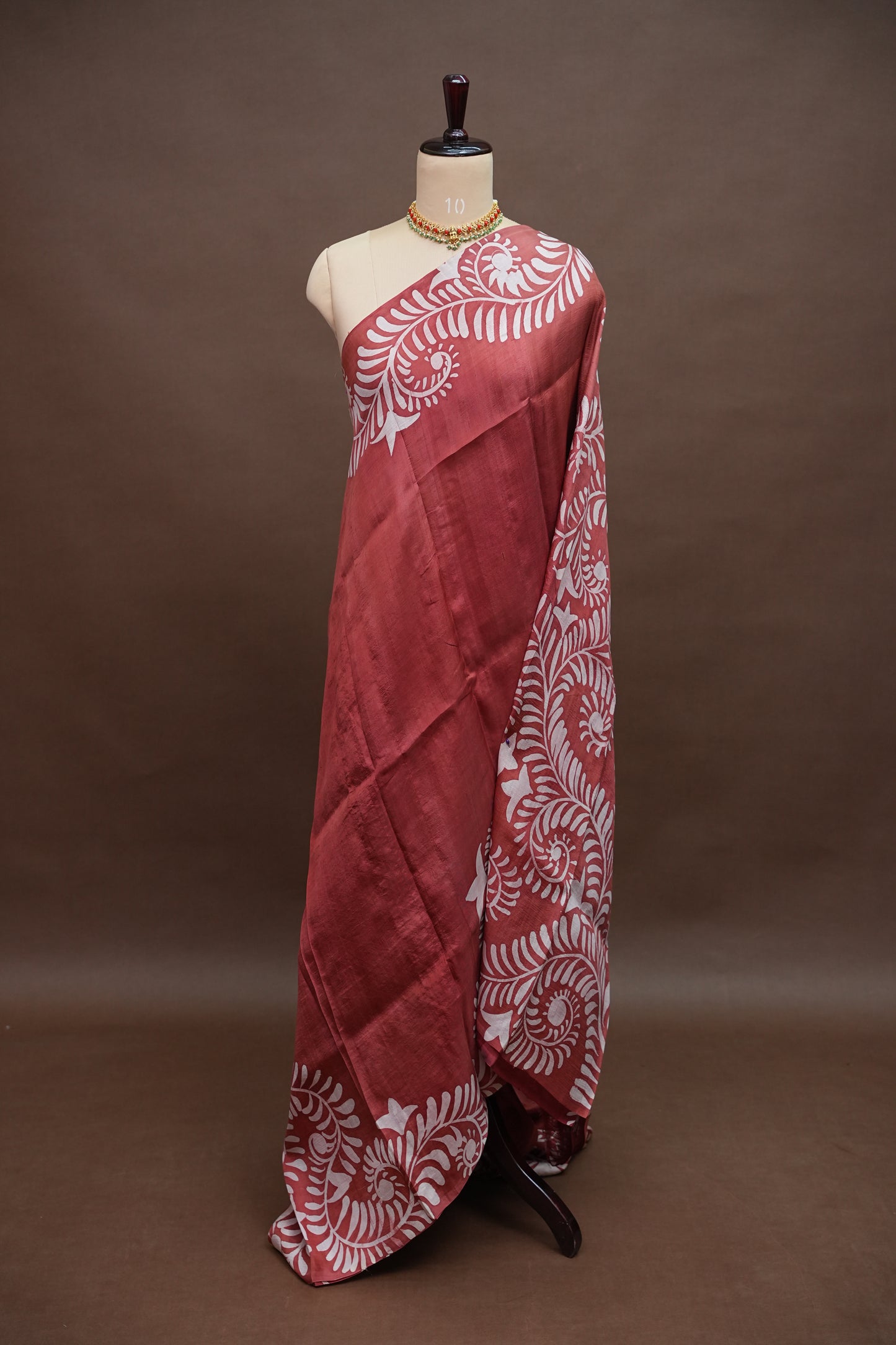 Pure Mulberry Silk Saree in Rust with Batik Print Border | Silk Mark Certified