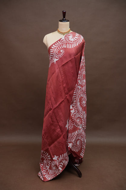 Pure Mulberry Silk Saree in Rust with Batik Print Border | Silk Mark Certified