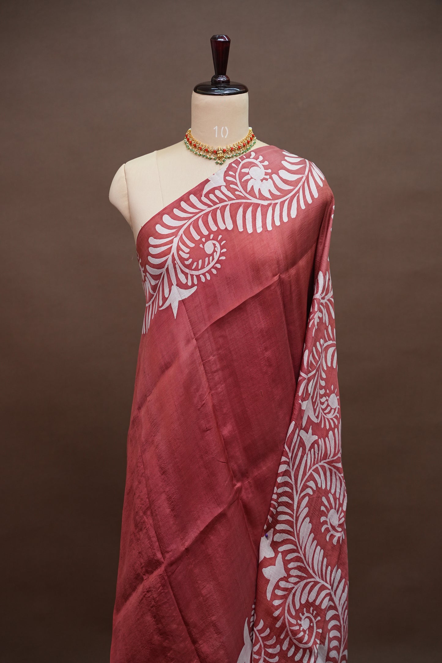 Pure Mulberry Silk Saree in Rust with Batik Print Border | Silk Mark Certified