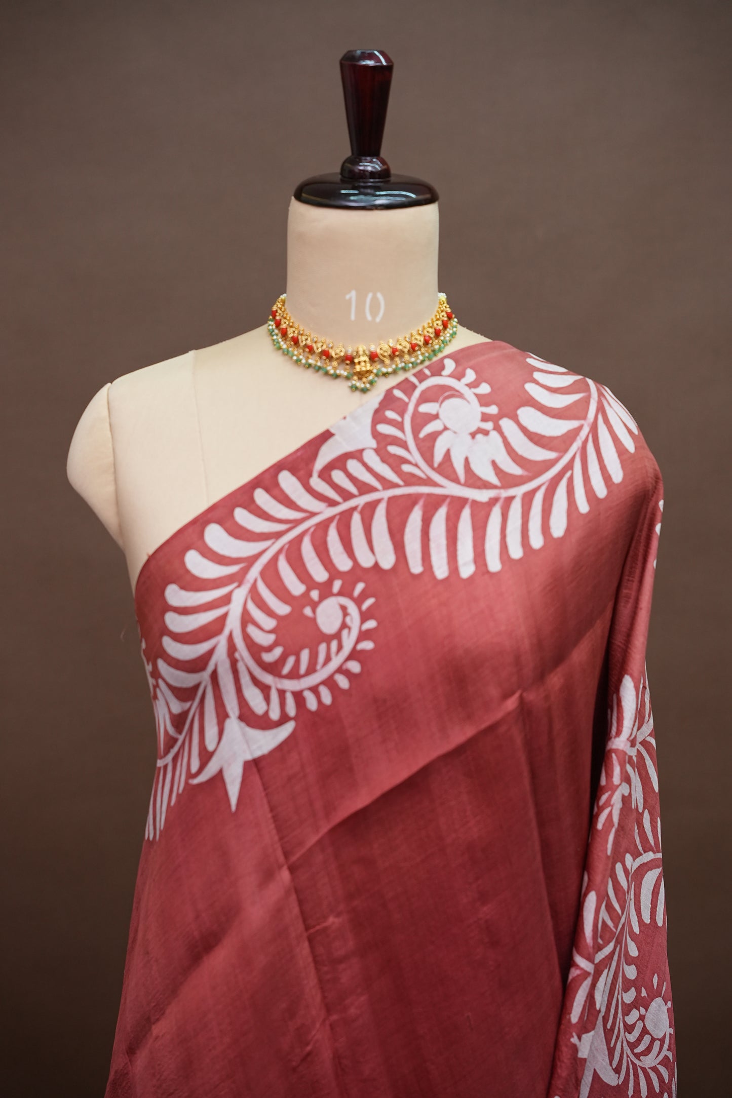 Pure Mulberry Silk Saree in Rust with Batik Print Border | Silk Mark Certified