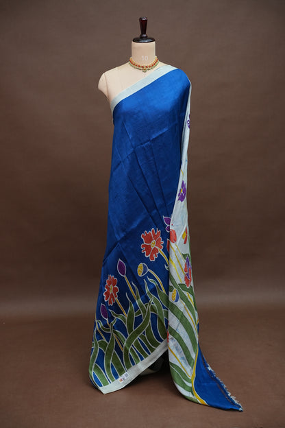 Pure Mulberry Silk Saree in Royal Blue with Floral Batik Print | Silk Mark Certified