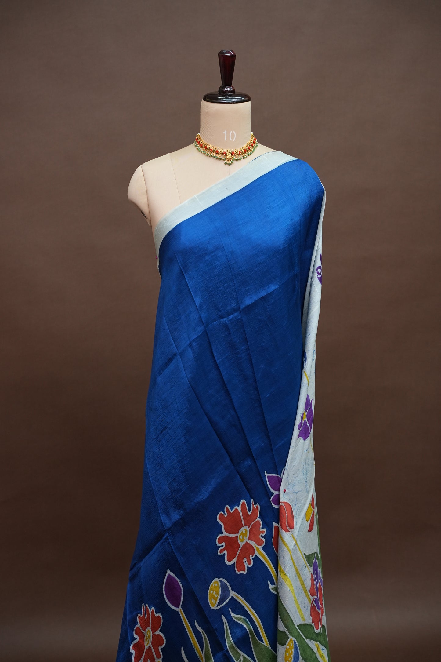 Pure Mulberry Silk Saree in Royal Blue with Floral Batik Print | Silk Mark Certified