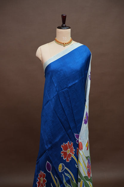 Pure Mulberry Silk Saree in Royal Blue with Floral Batik Print | Silk Mark Certified
