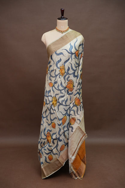 Pure Tussar Silk Saree in Ivory with Hand Painted Pichwai Lotus Art | Silk Mark Certified
