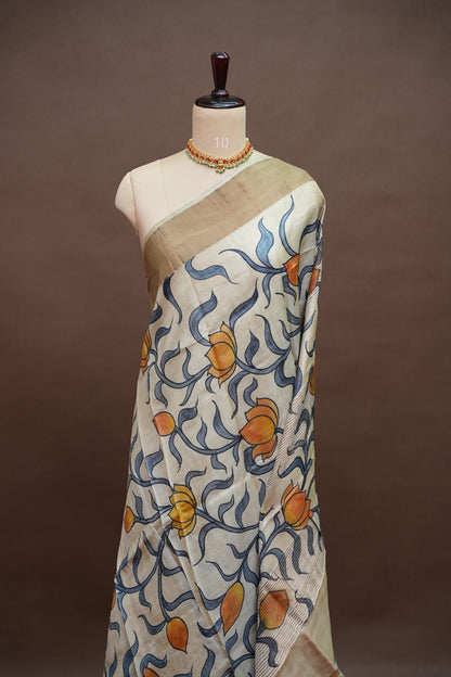 Pure Tussar Silk Saree in Ivory with Hand Painted Pichwai Lotus Art | Silk Mark Certified