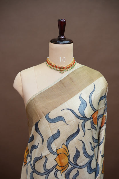 Pure Tussar Silk Saree in Ivory with Hand Painted Pichwai Lotus Art | Silk Mark Certified
