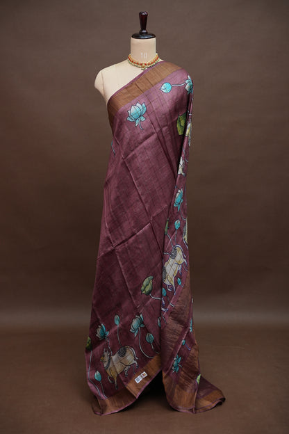 Pure Tussar Silk Saree in Chocolate Brown with Hand Painted Pichwai Art | Silk Mark Certified