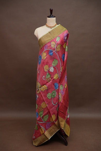 Pure Tussar Silk Saree in Rose Pink with Hand Painted Floral Art | Silk Mark Certified