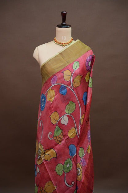 Pure Tussar Silk Saree in Rose Pink with Hand Painted Floral Art | Silk Mark Certified