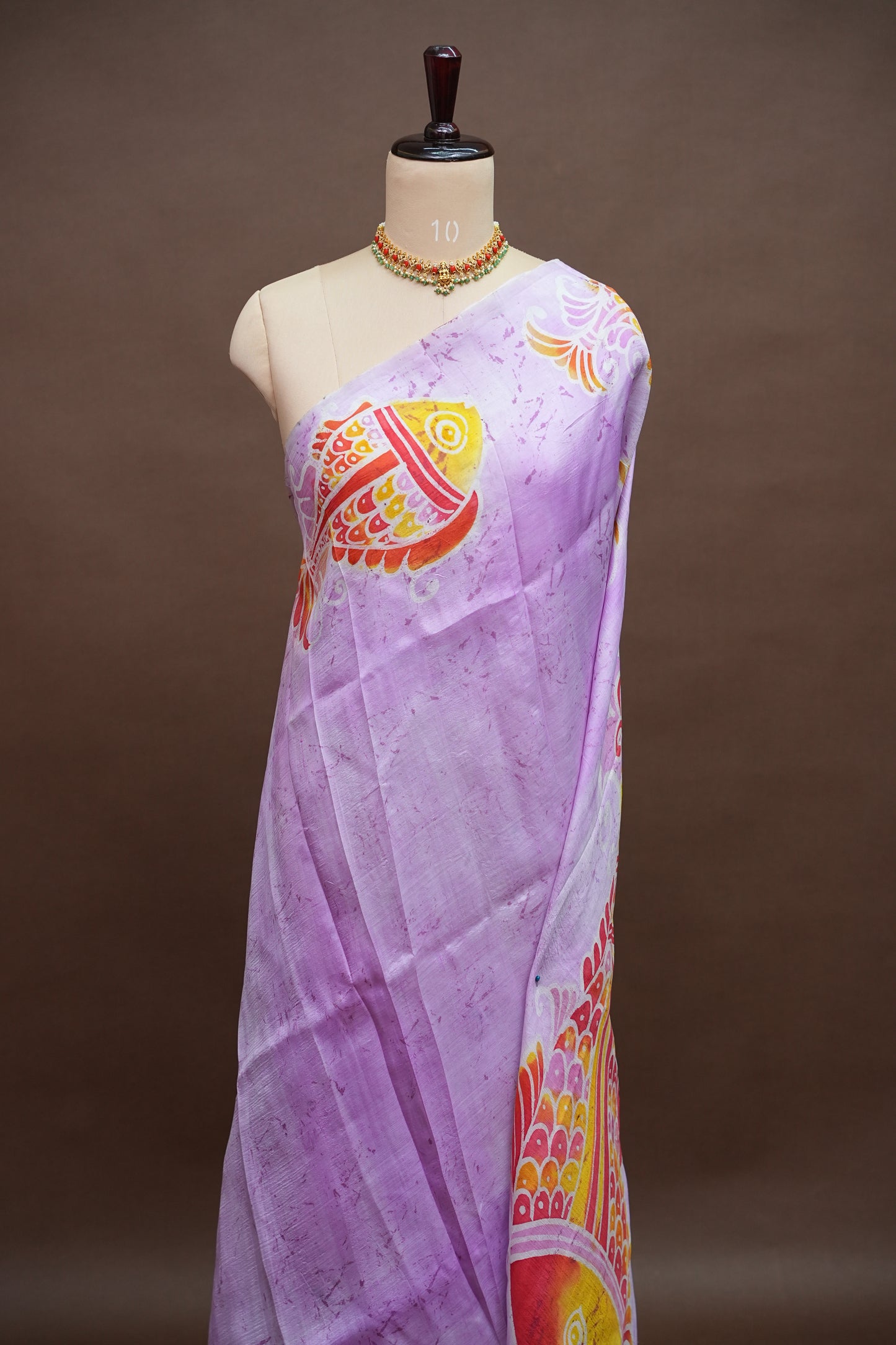 Pure Mulberry Silk Saree in Lavender with Artistic Fish Batik Print | Silk Mark Certified