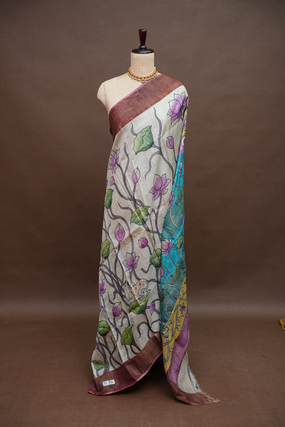 Pure Tussar Silk Saree in Ivory with Hand Painted Pichwai Cow & Lotus Art | Silk Mark Certified