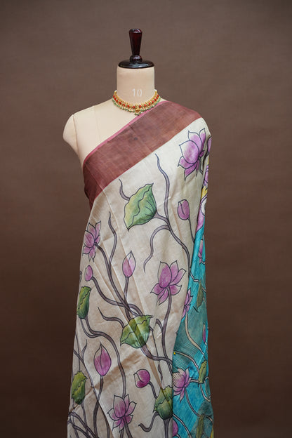 Pure Tussar Silk Saree in Ivory with Hand Painted Pichwai Cow & Lotus Art | Silk Mark Certified