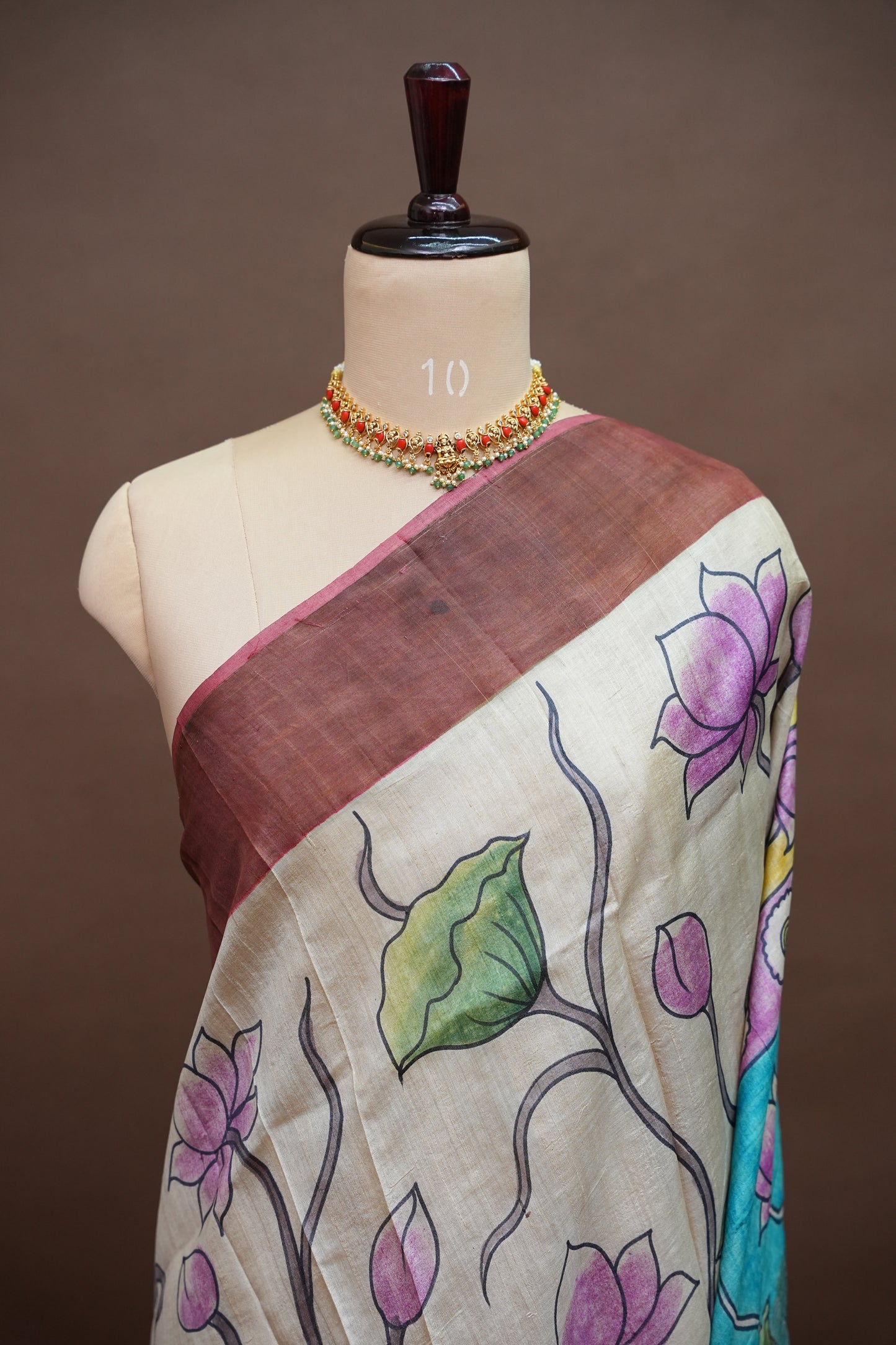 Pure Tussar Silk Saree in Ivory with Hand Painted Pichwai Cow & Lotus Art | Silk Mark Certified
