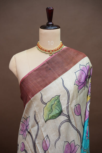 Pure Tussar Silk Saree in Ivory with Hand Painted Pichwai Cow & Lotus Art | Silk Mark Certified