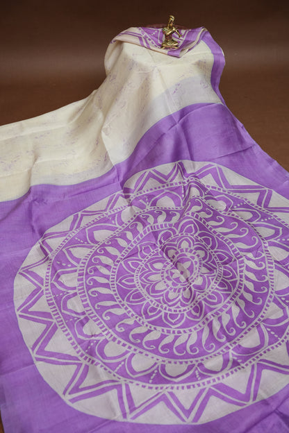 Pure Mulberry Silk Saree in Ivory with Lavender Mandala Batik Print | Silk Mark Certified