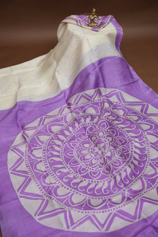 Pure Mulberry Silk Saree in Ivory with Lavender Mandala Batik Print | Silk Mark Certified