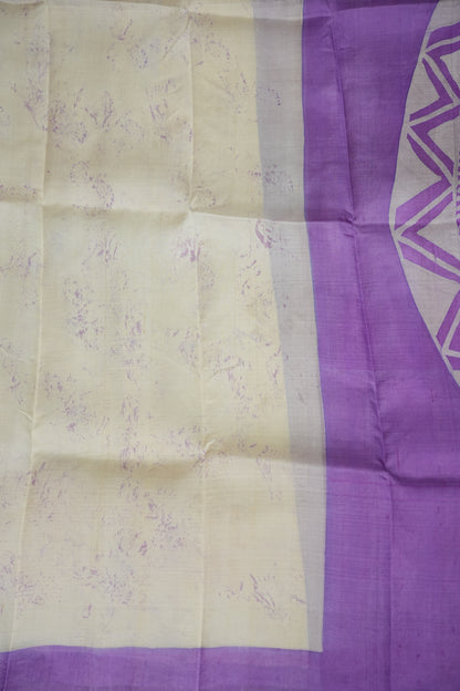 Pure Mulberry Silk Saree in Ivory with Lavender Mandala Batik Print | Silk Mark Certified
